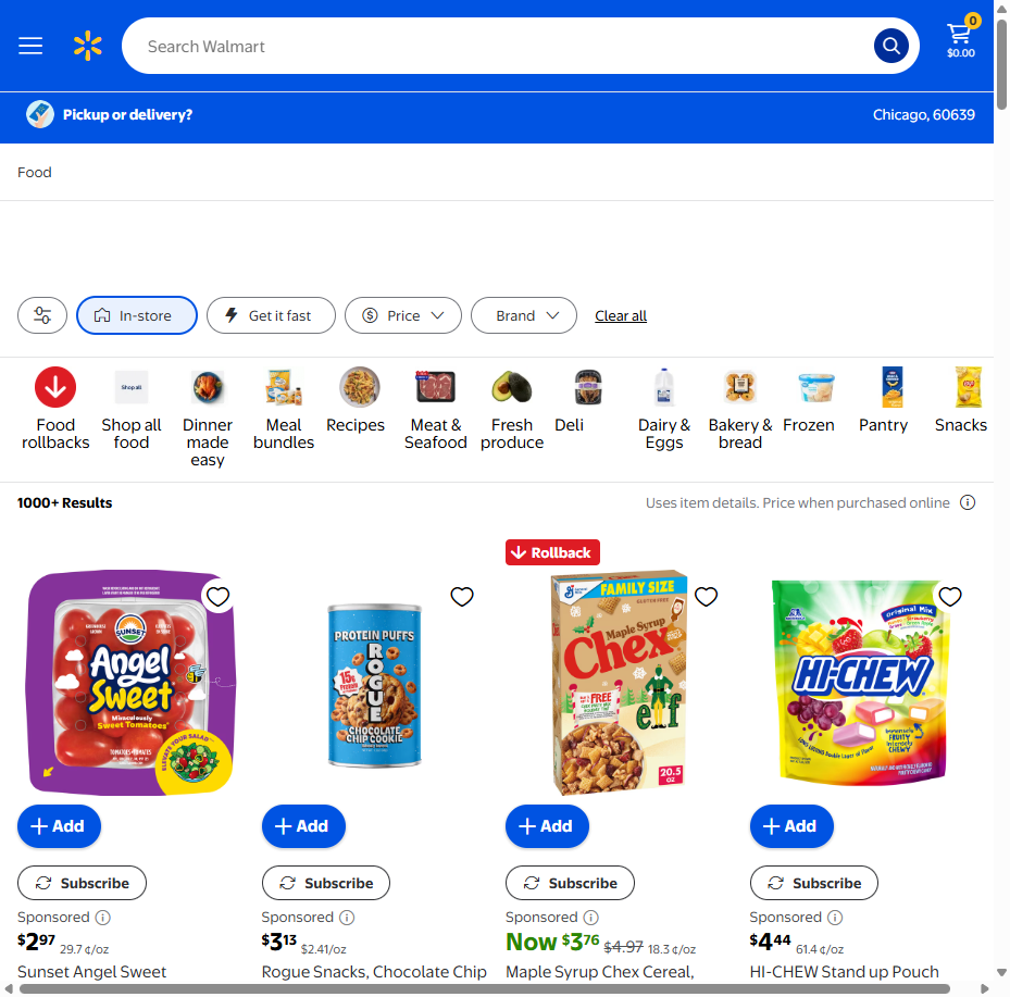 Walmart page header showing Chicago 60639 pickup store at run start